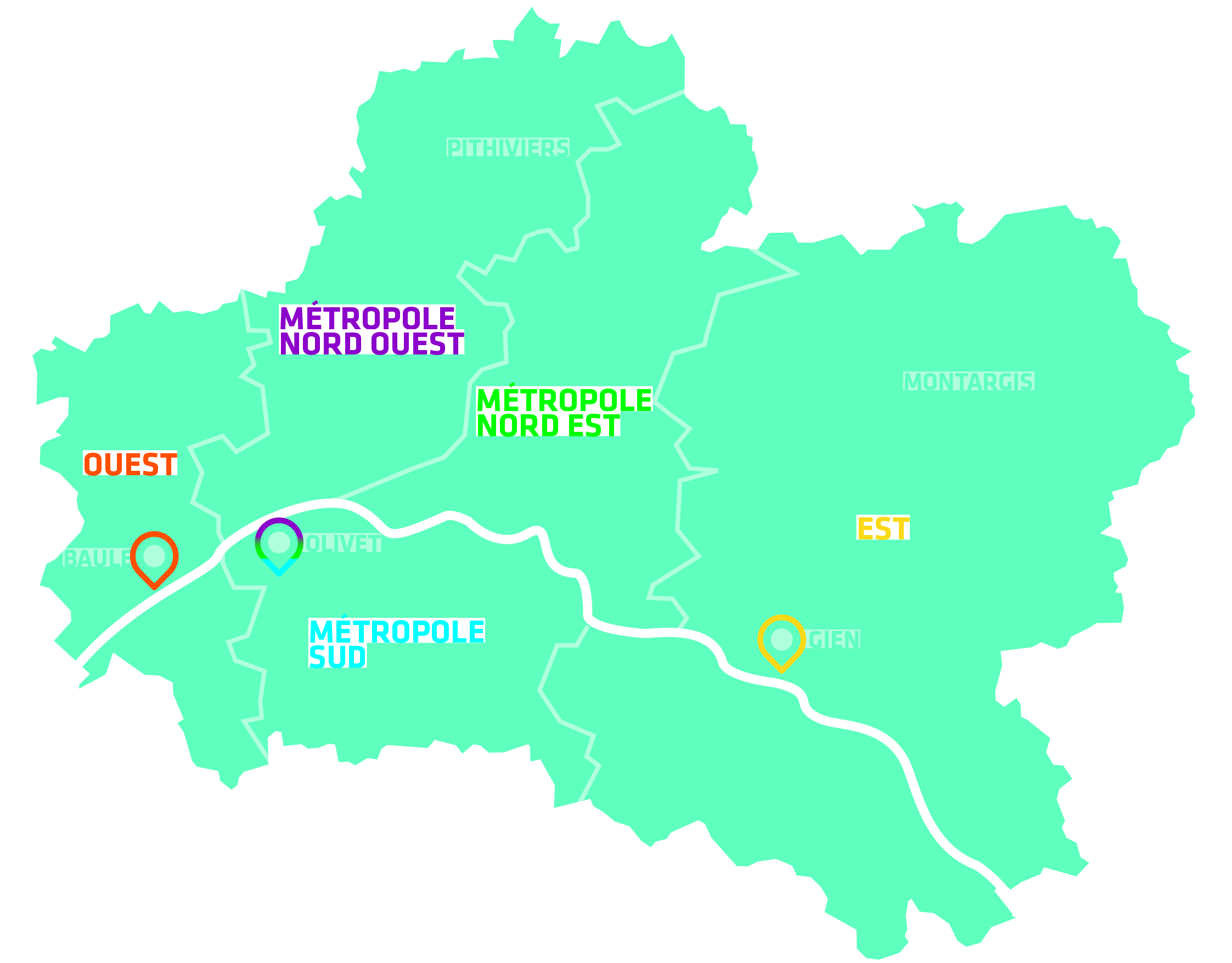 Pour améliorer sa présence dans le Loiret, le SESSAD a découpé son action sur 5 territoires : Ouest, Est, Métropole Nord Ouest, Métropole Nord Est et Métropole Sud